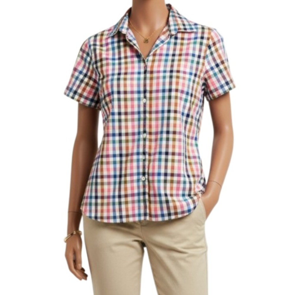 Lands End Shirt Womens 4 Supima Cotton Gingham Check Plaid Short Sleeve Preppy